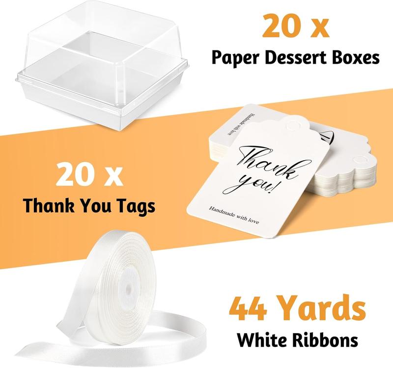 7 x 7 x 4 Inches Paper Cake Boxes with Clear Lids, 20 Pack Disposable Bakery Boxes Square  Containers for 4-6 Inch Bundt Cake, Pie, Dessert, Cupcake, Charcuterie, Cocoa Bomb (White)