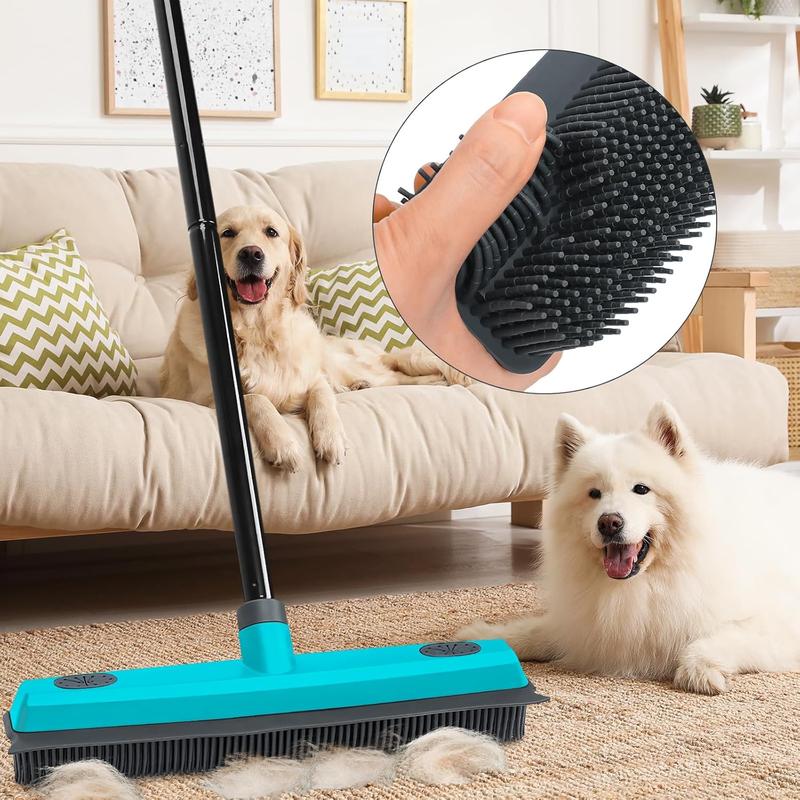 MAVRIZ Pet Hair Removal Broom Carpet Rake Rubber Broom with Squeegee Rug Rake to Fluff Carpet