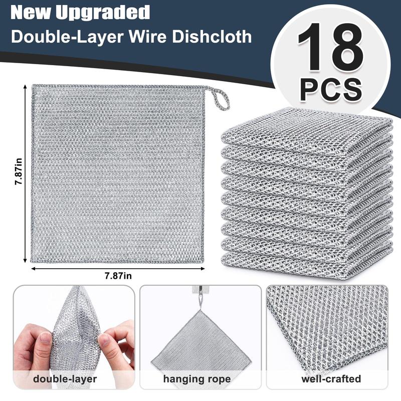 18 Pcs New Upgrade Steel Wire Dishcloth,Double-Layer Powerful Cleaning Non-Scratch Wire Dishcloth Rag for Cookware, Sinks, Dishes, Stove Tops Kitchen