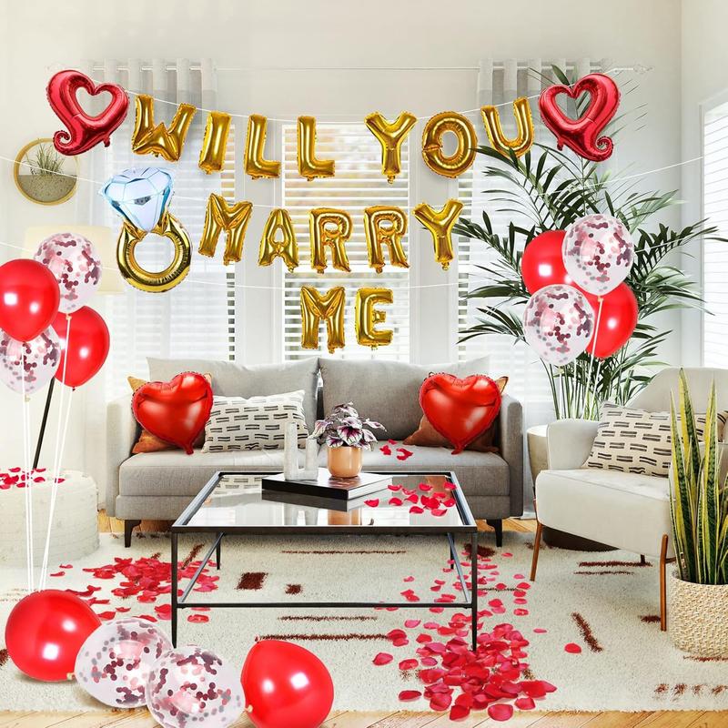 Will You Marry Me Decorations Balloon   Wedding Proposal Decorations Idea  Will You Marry Me Sign Banner   Ring Engagement Balloon  Rose Petals Heart Shaped Balloons for Valentines