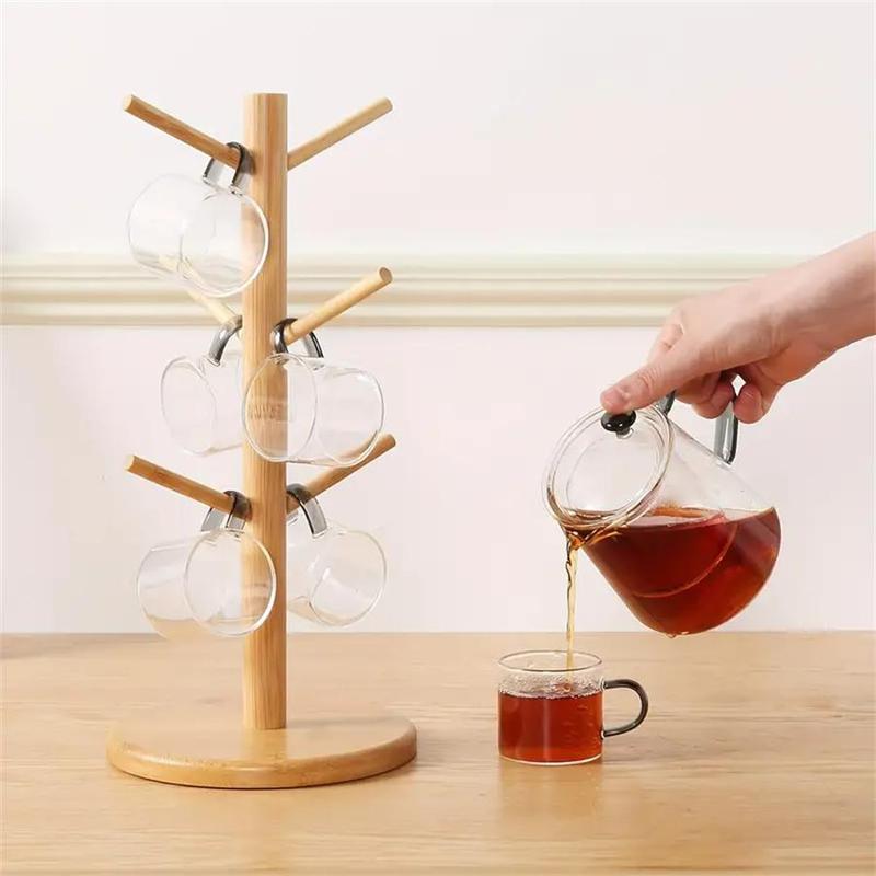 Bamboo Mug Holder Tree, 1 Count Coffee Cup and Tea Cup Organizer with 6 Hooks for Countertop, Stylish Coffee Bar Accessory