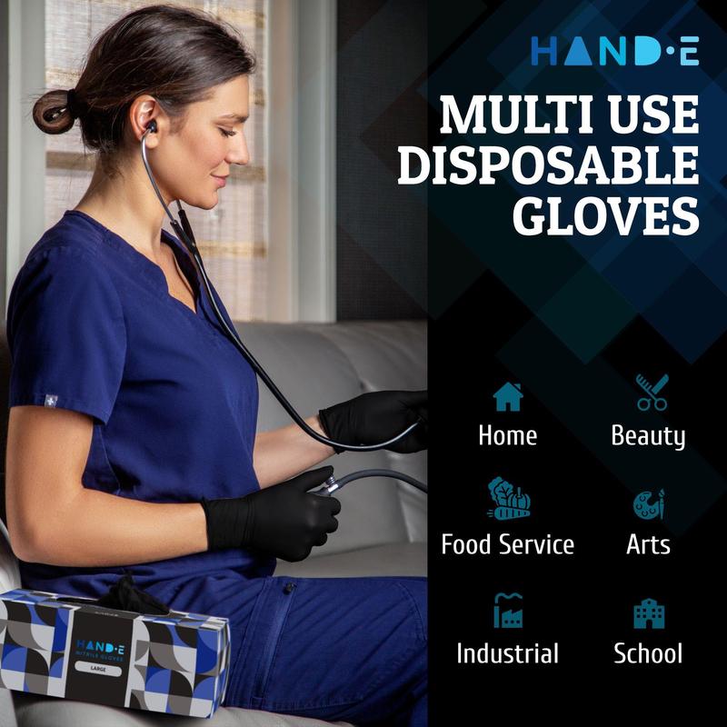 Hand-E Nitrile Gloves (Large) - 100 Count - Black, Powder and Latex Free - Cleaning Supplies Box Disposable