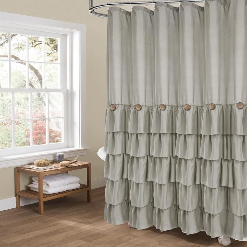 Solid Color Ruffle Trim Shower Curtain, Woven Layered Ruffle Design Shower Curtain with Natural Button Accents, Machine Washable Polyester Bath Curtain, Bathroom Decor, Bathroom Accessories