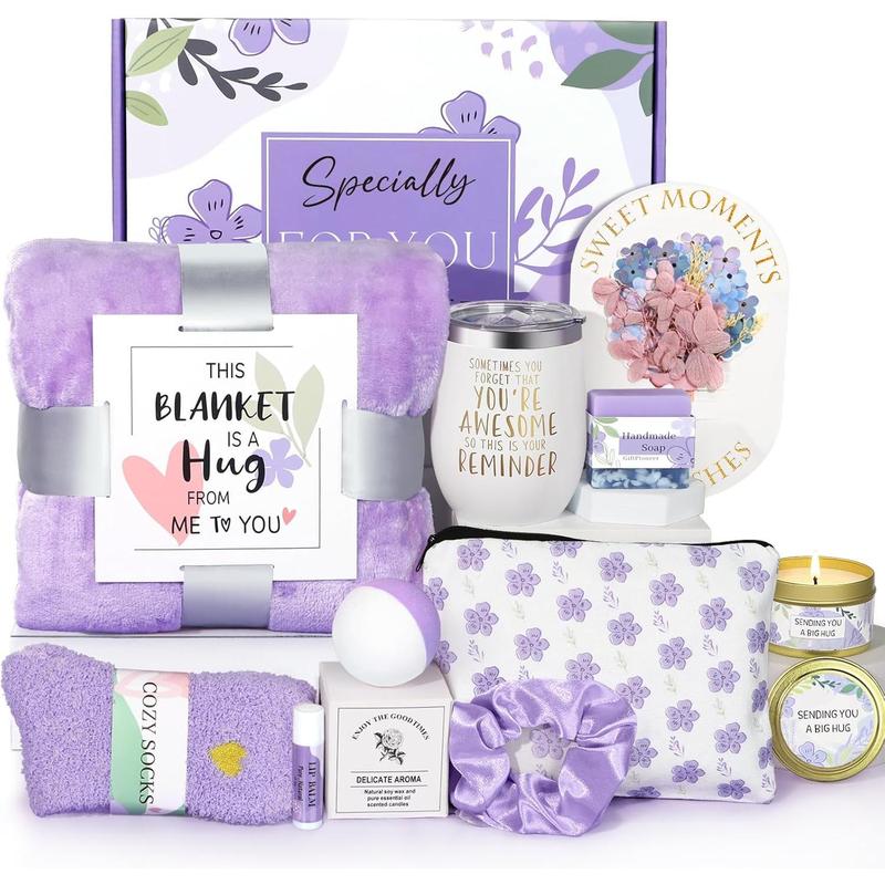 Gift Basket for Women, Birthday Gifts for Women Friendship, Self Care Gifts Get Well Soon Gifts Basket for Women, Thinking of You Gifts w Flannel Blanket for Mom  Friend Sister Wife (Purple)