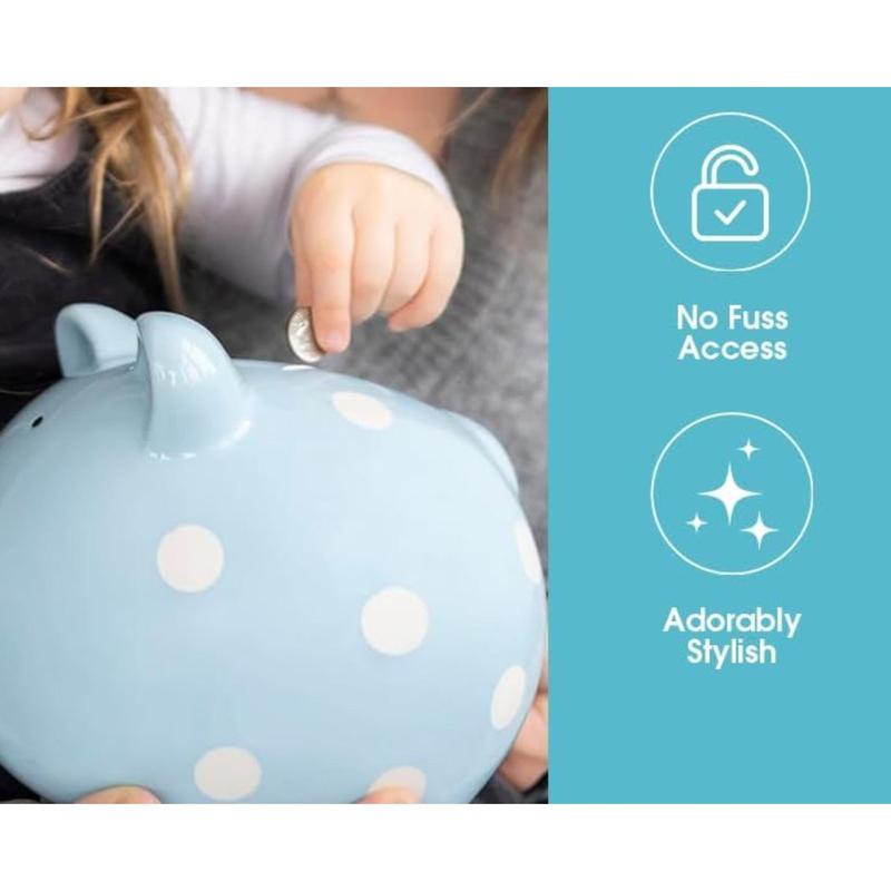 Large Ceramic Piggy Bank, Ideal for Boys and Girls, Money and Coin Bank, Great Gift, Blue Polka Dots Decor Ornaments