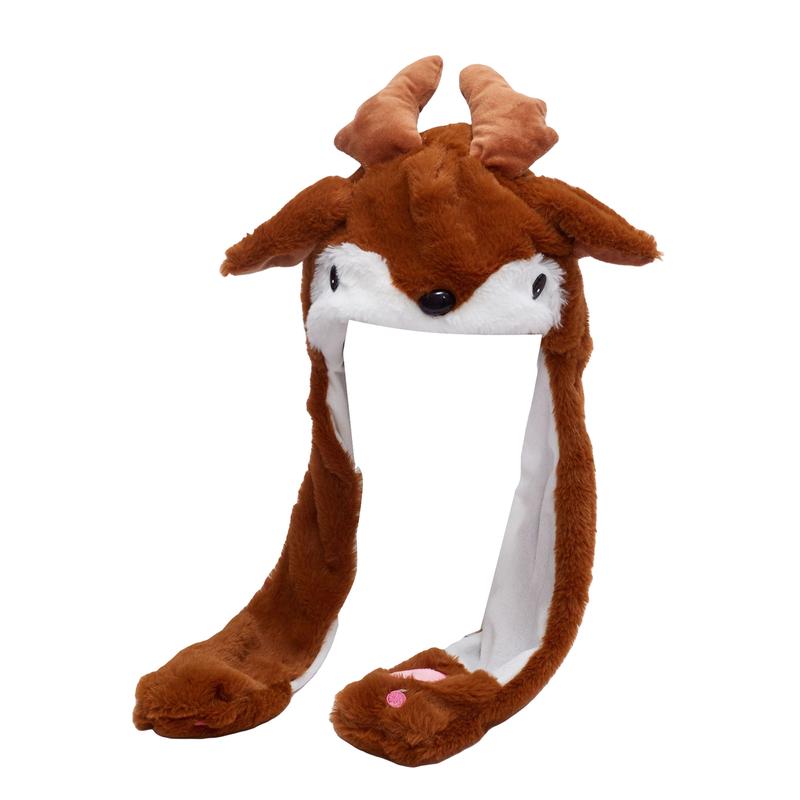 Cute Christmas Reindeer Hat with Moving Ears, Plush Flap Hat with Paw, Jumping Beating Hat for Boys Girls Gift