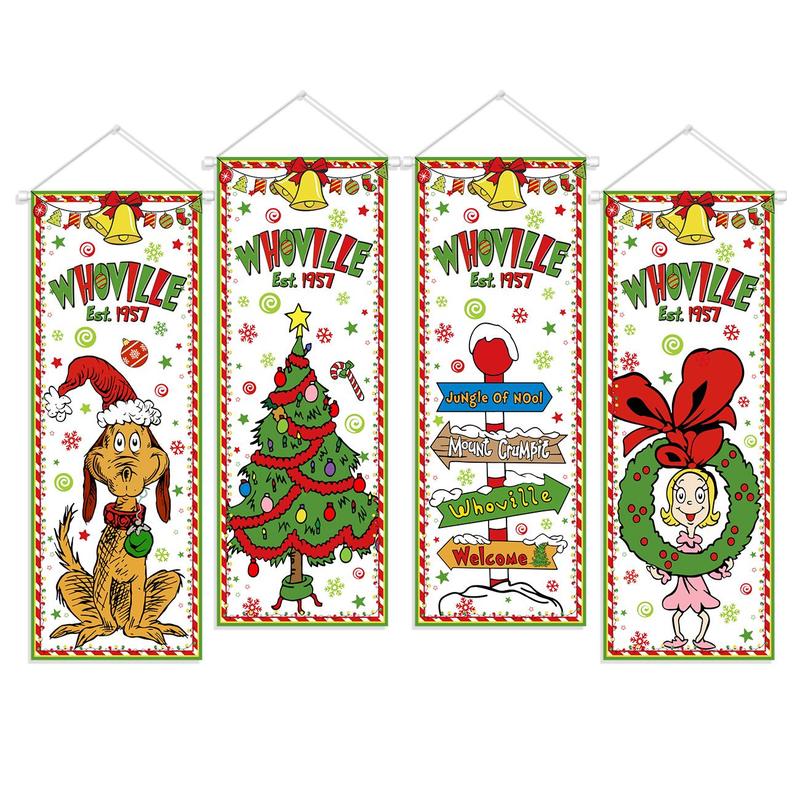 Christmas Themed Backdrop, 4 Counts set Cartoon Pattern Welcome To Whoville Backdrop, Outdoor Whoville Xmas Backdrop for Indoor Outside Front Wall Party