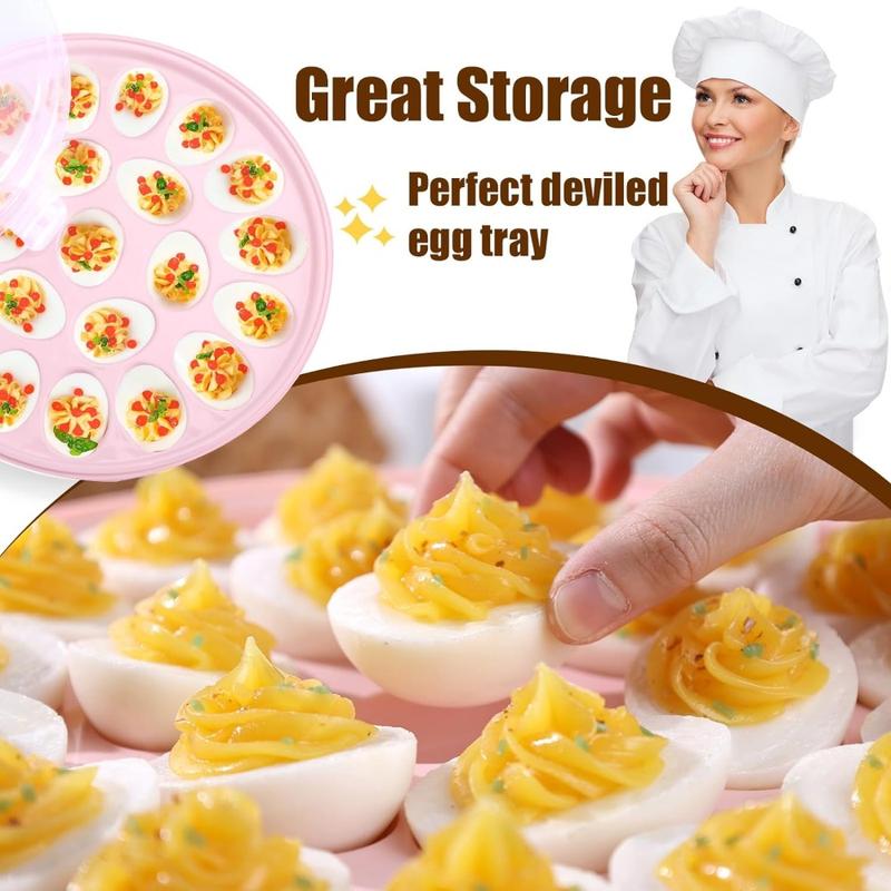 3PCS Deviled Egg Platter with Lid, 11.8in Pink Plastic Egg Keeper and Carrier with 22 Slots for Holidays Parties Home Kitchen