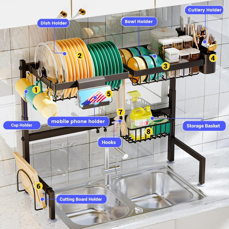 Over The Sink Dish Drying Rack, Expandable Height and Length, 2 Tier Large, Stainless Steel, 24-35.5 inches L x 12 inches W x 19-22 inches H Organiser