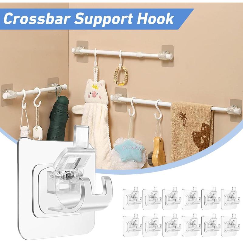 12PCS No Drill Curtain Rod Brackets Self Adhesive Curtain Rod Holder No Drilling Curtain Rod Hooks Nail Free Adjustable Curtain Rod Holders Curtain Hangers for Bathroom Living Room Kitchen