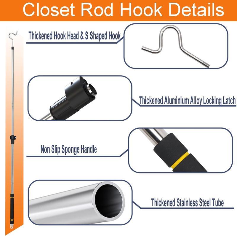 Clothes Hook Pole Heavy Duty,32 to 65Inch Closet Hanger Reaching Pole Telescoping Pole S Hooks for  Stainless Steels Pipe Sturdiness Lightweight Non-Slip Soft Sponge Handle Rod