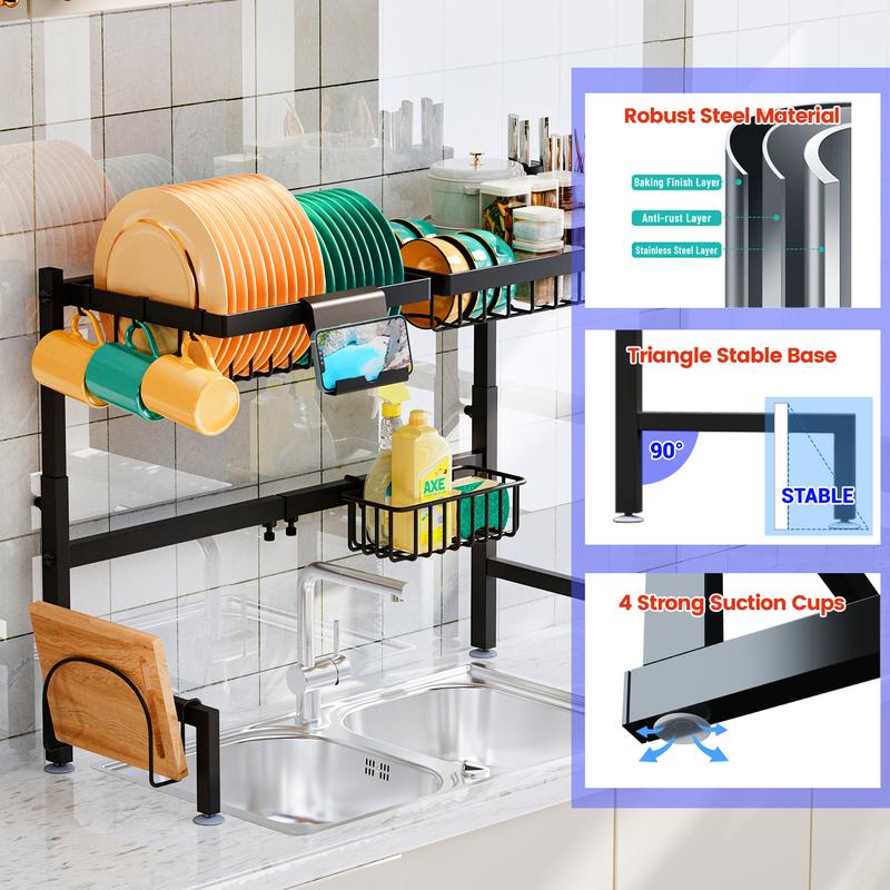 Over The Sink Dish Drying Rack, Expandable Height and Length, 2 Tier Large, Stainless Steel, 24-35.5 inches L x 12 inches W x 19-22 inches H Organiser