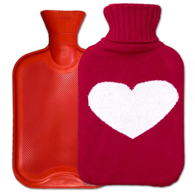 Hot Water Bottle Large Classic Non Toxic Natural Rubber Bag with Heart Red Knit Cover, 2L Pain Relief from Sore Muscle Cramps Injuries Back Pain Warm Cold Therapy, 1 2 Gallon