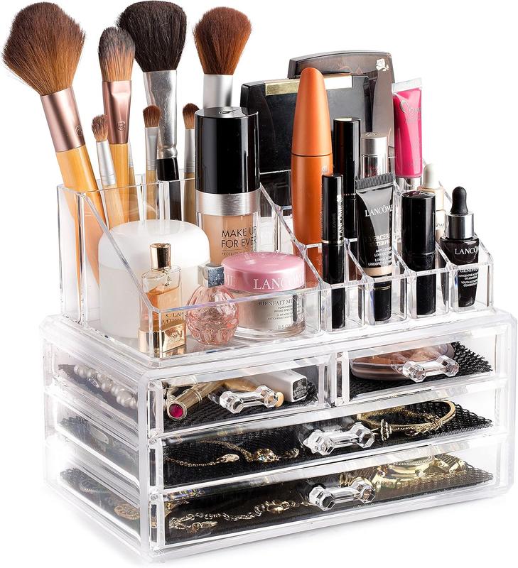 Masisrs Clear Makeup Organizer -  Storage Organizer - 16 Compartments - Easily Sort Make Up &  - 4 Drawer Vanity Organizer - Elegant Look - Transparent Design - Makeup Holder