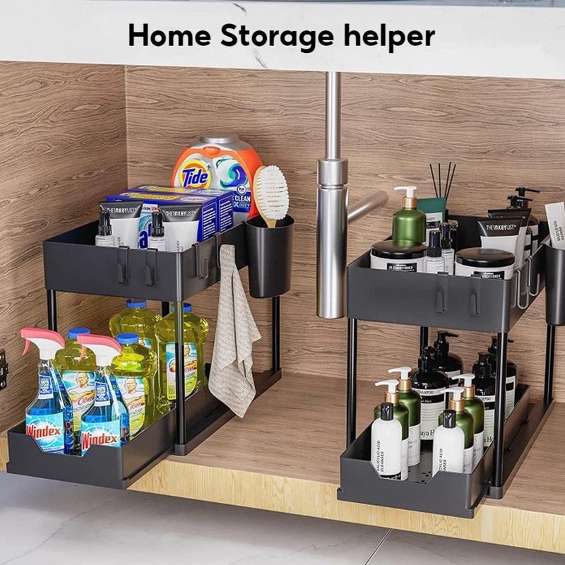 2 PCS Pull-Out Under Sliding Double-Deck Cabinet Organizer, Extractable Under Sink Basket and Storage Rack. Multi-Purpose Under Sink Storage Cabinet with 5 Hooks for Bathroom, Kitchen Essential Racks