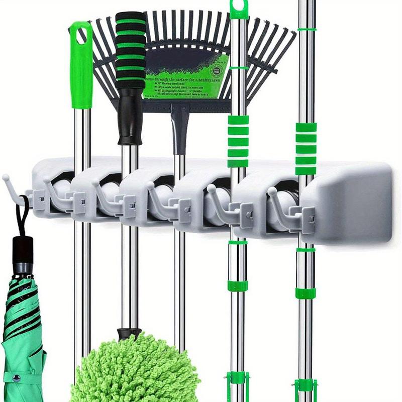 Wall Mounted Mop Holder, 1 Count Kitchen Household Mop Cleaning Tool Storage Racks, No Drilling Required Bracket with 5 Slots & 6 Hooks for Mop Daddy, Home Organizer Supplies, Bathroom Kitchen Supplies