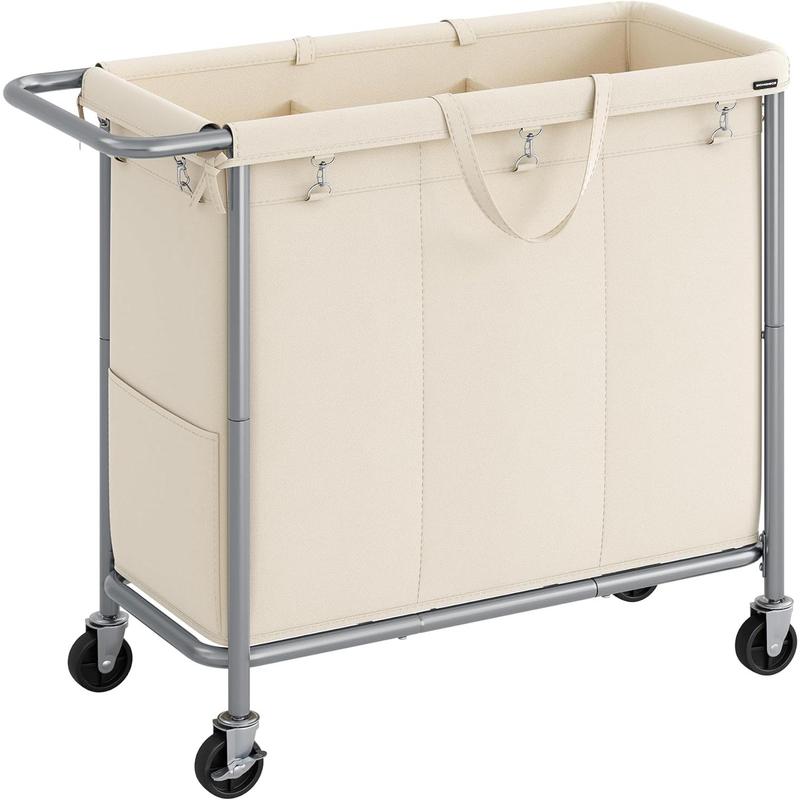 Laundry Basket with Wheels, 3-Section Rolling Laundry Hamper, 52.8 Gallons (200L), Removable Liner, Steel Frame with Handle, Blanket Storage, 35.8 x 15.4 x 31.9 Inches, Camel Brown URLS005N01 Organiser