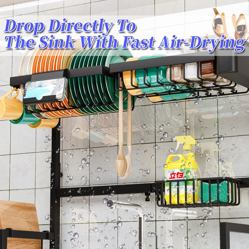 Over The Sink Dish Drying Rack, Expandable Height and Length, 2 Tier Large, Stainless Steel, 24-35.5 inches L x 12 inches W x 19-22 inches H Organiser