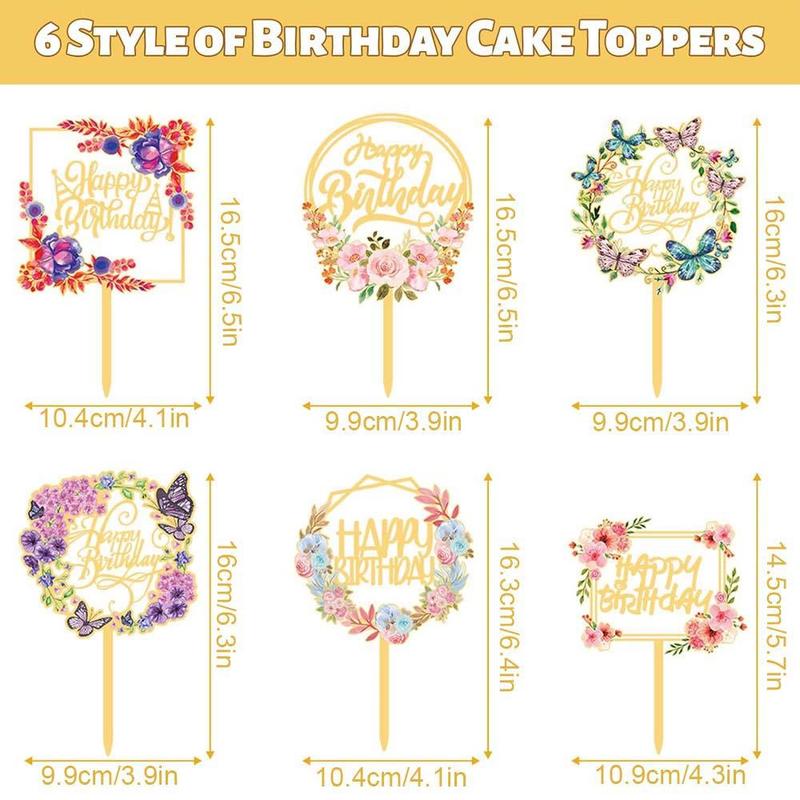 Happy Birthday Cake Topper, 6 Counts Flower & Butterfly Decor Cake Topper, Dessert Cake Decoration Supplies for Birthday Party