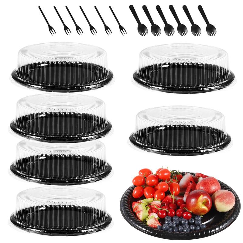 6 Pack Heavy Duty Serving Tray with Clear Lid and Sporks, Large Plastic Tray with Elegant Platter Round Black Disposable for Fruit Sandwich Party Takeout Food