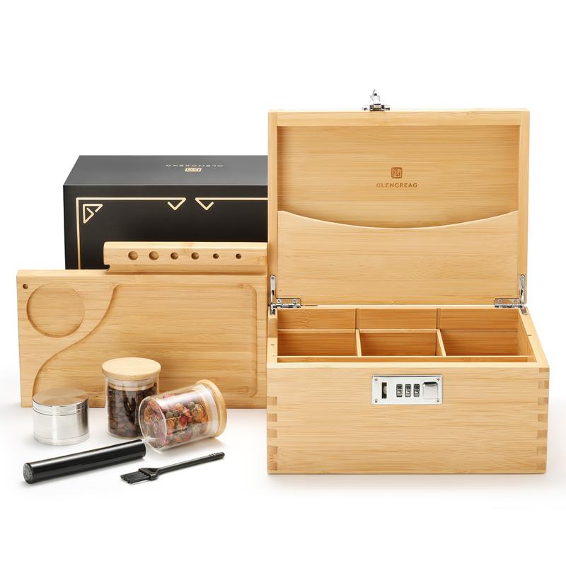 GLENCREAG Stash Box with Rolling Tray, Smell Proof Large Bamboo Storage Box with Lock, Organizer Box Set Includes Glass Jars & Grinder