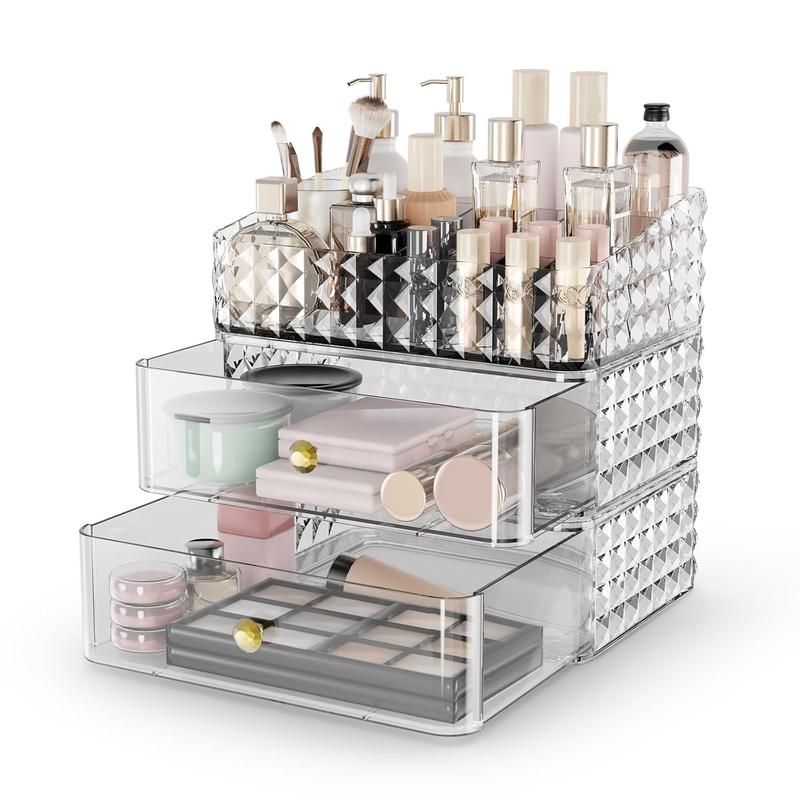 Makeup Organizer, Stackable Cosmetics Organizer and Storage, Cosmetic Display Cases with 2 Drawers and 1 Tray for Makeup Brush, Hair Accessories, Lipstick, Clear