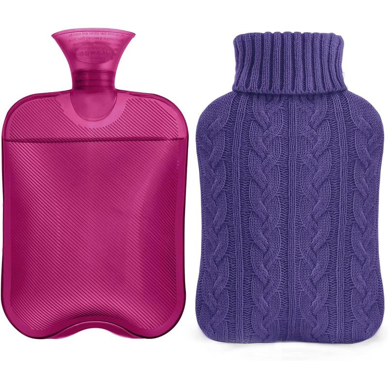 samply Hot Water Bottle with Knitted Cover, 2L Hot Water Bag for Hot and Cold Compress, Hand Feet Warmer, Ideal for Menstrual Cramps, Neck and Shoulder Pain Relief, Purple Cup