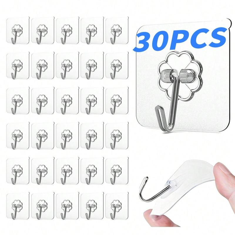 Transparent Sticky Hook, 30pcs Clear Adhesive Hooks for Hanging, Non-slip Design Kitchen Utensil Hook, Multipurpose Wall Hooks for Home Kitchen Bathroom Closet Use