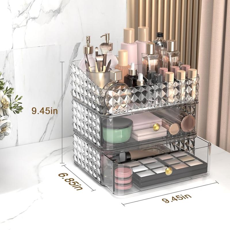 Makeup Organizer, Stackable Cosmetics Organizer and Storage, Cosmetic Display Cases with 2 Drawers and 1 Tray for Makeup Brush, Hair Accessories, Lipstick, Clear