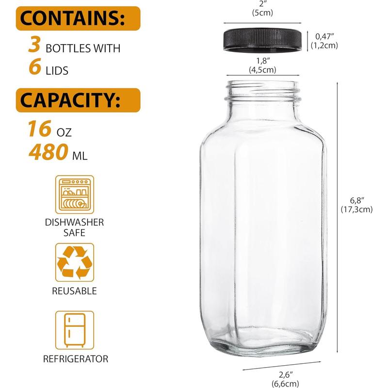 Juice Bottles with Lids, 16 Oz - Set of 3 - Clear Glass Jars with Caps - Reusable Empty Drink Containers for Juicing, Smoothies, Water, Milk, Kombucha Storage, Wellness Shots and More (3) Kitchen Organiser Canister Tin Canister Tin