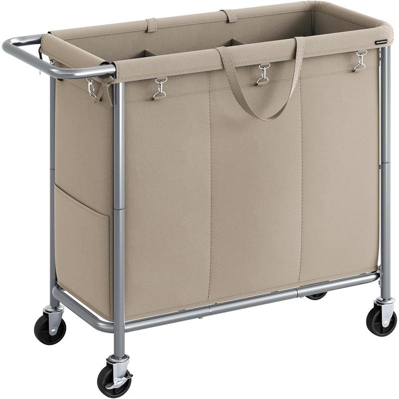 Laundry Basket with Wheels, 3-Section Rolling Laundry Hamper, 52.8 Gallons (200L), Removable Liner, Steel Frame with Handle, Blanket Storage, 35.8 x 15.4 x 31.9 Inches, Camel Brown URLS005N01 Organiser