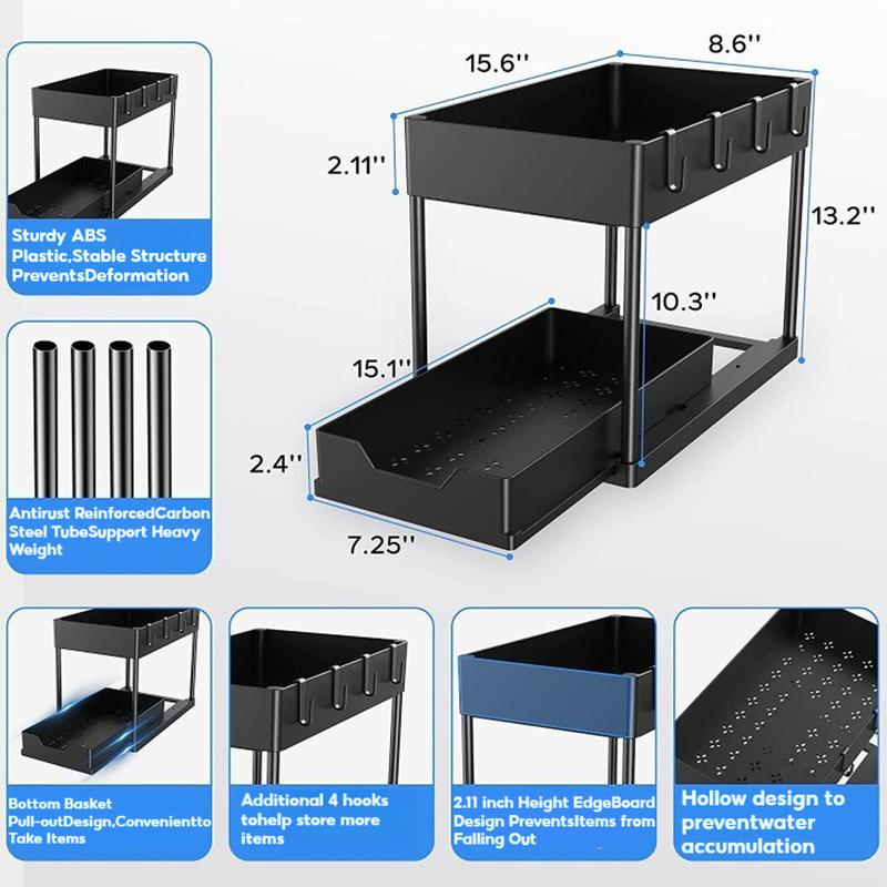 2 PCS Pull-Out Under Sliding Double-Deck Cabinet Organizer, Extractable Under Sink Basket and Storage Rack. Multi-Purpose Under Sink Storage Cabinet with 5 Hooks for Bathroom, Kitchen Essential Racks