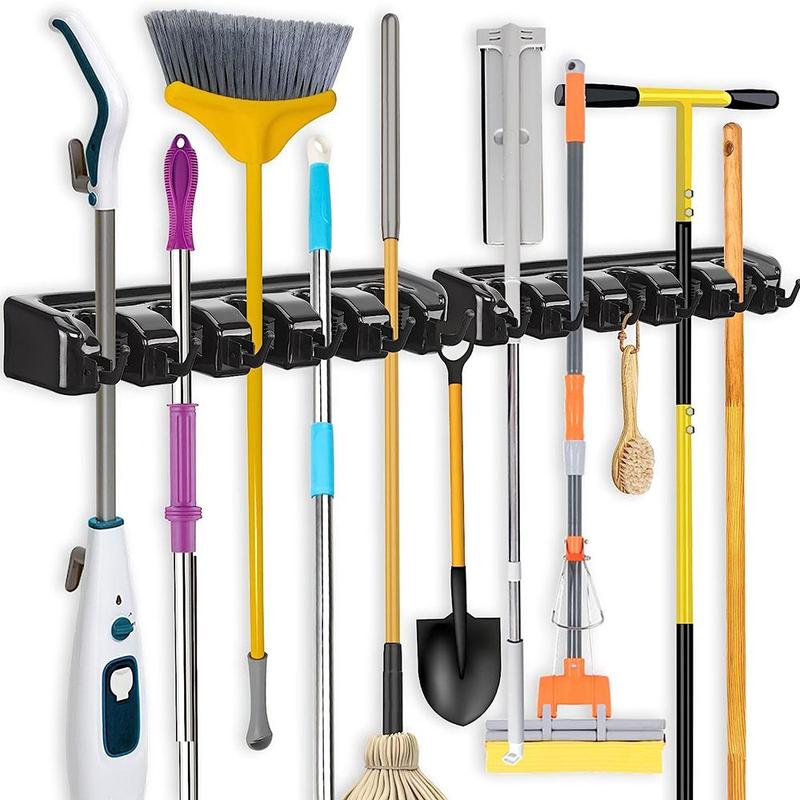 Wall Mounted Mop Holder, 1 Count Kitchen Household Mop Cleaning Tool Storage Racks, No Drilling Required Bracket with 5 Slots & 6 Hooks for Mop Daddy, Home Organizer Supplies, Bathroom Kitchen Supplies