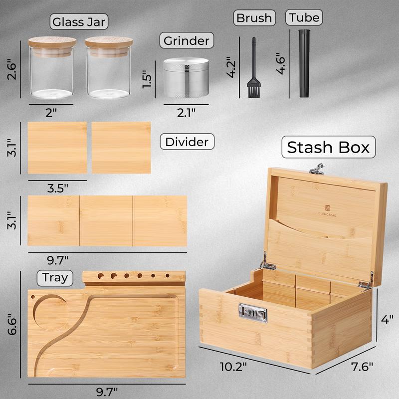 GLENCREAG Stash Box with Rolling Tray, Smell Proof Large Bamboo Storage Box with Lock, Organizer Box Set Includes Glass Jars & Grinder