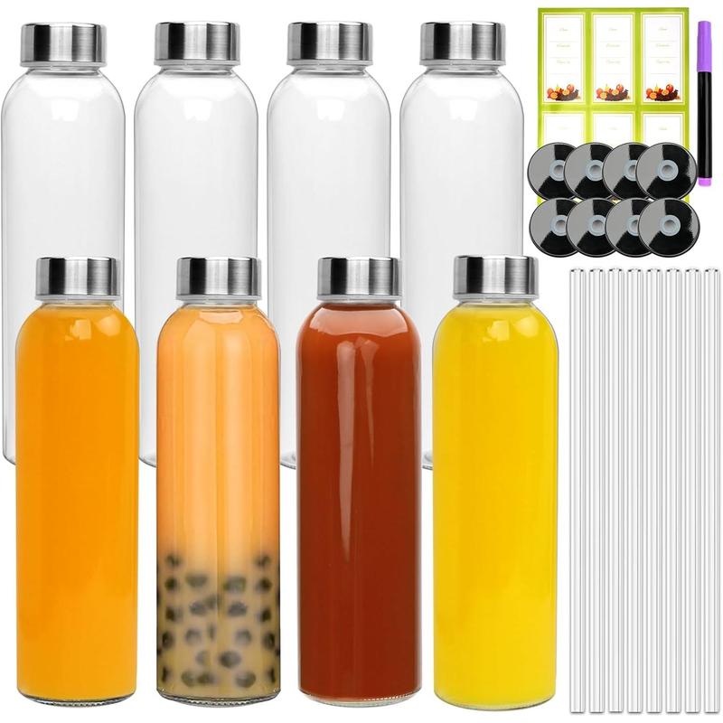 16oz Glass Bottles,Reusable Glass Juice Bottles with Lids and Straws,Set of 8,Clear Glass Water Juicer Containers with Two-types of Lid for Beverage,Smoothies,Milk,Iced Coffee,,Sauces