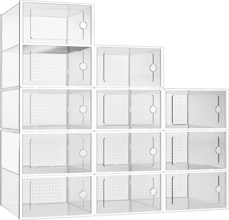 12 Pack Shoe Storage Box, Clear Plastic Stackable Shoe Organizer for Closet, Space Saving Foldable Shoe Rack Sneaker Containers Holders with Lids