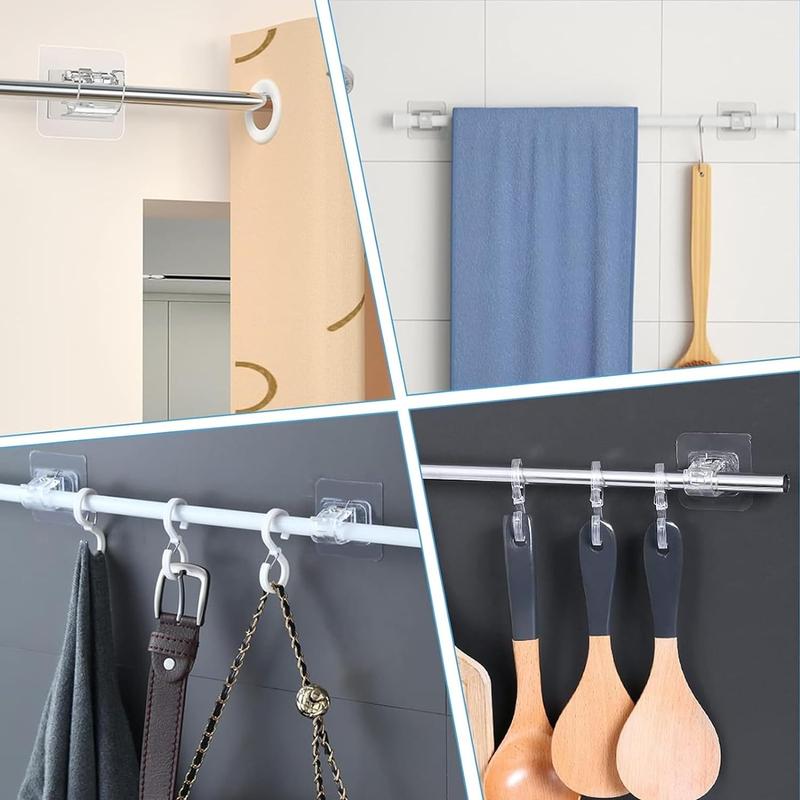 12PCS No Drill Curtain Rod Brackets Self Adhesive Curtain Rod Holder No Drilling Curtain Rod Hooks Nail Free Adjustable Curtain Rod Holders Curtain Hangers for Bathroom Living Room Kitchen