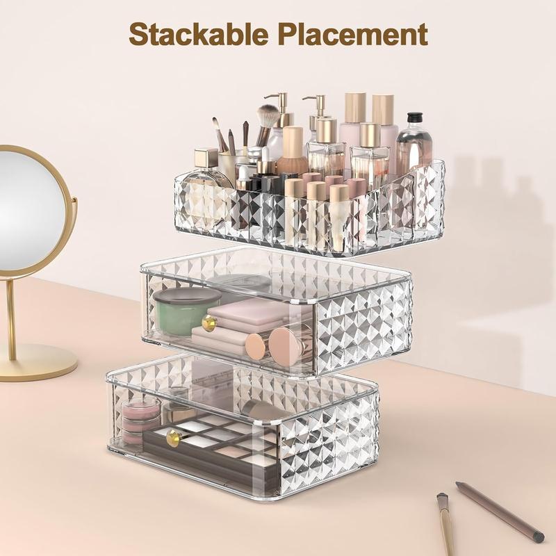 Makeup Organizer, Stackable Cosmetics Organizer and Storage, Cosmetic Display Cases with 2 Drawers and 1 Tray for Makeup Brush, Hair Accessories, Lipstick, Clear