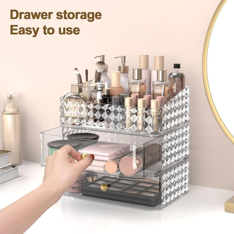 Makeup Organizer, Stackable Cosmetics Organizer and Storage, Cosmetic Display Cases with 2 Drawers and 1 Tray for Makeup Brush, Hair Accessories, Lipstick, Clear