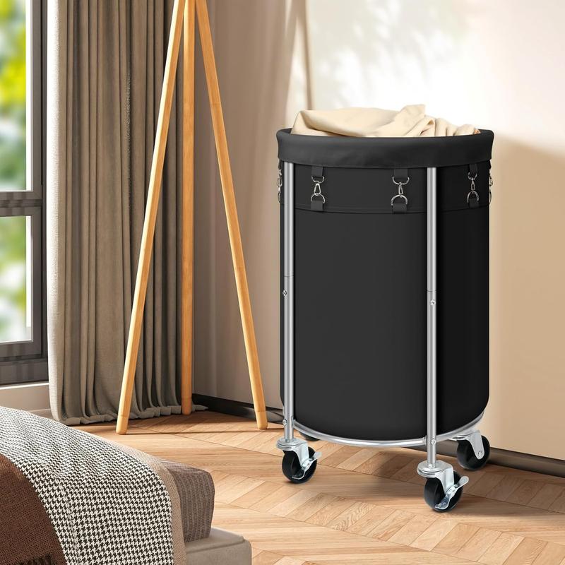 Laundry Hamper with Wheels, Rolling Laundry Basket, Round Laundry Sorter Cart with Steel Frame and Removable Bag, 4 Casters and 2 Brakes, Ideal for Bedroom, Bathroom, Laundry Room, Black