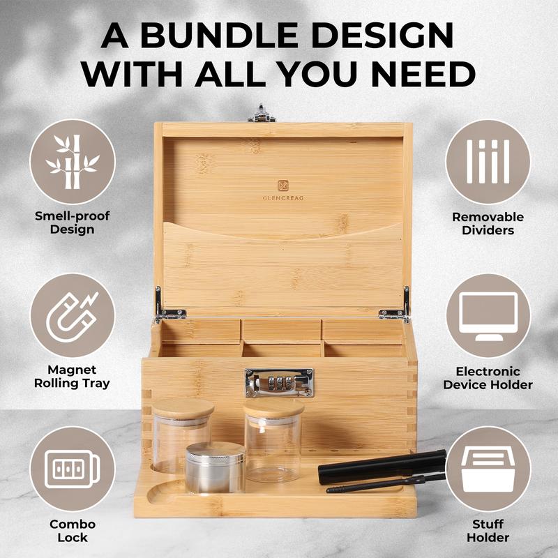 GLENCREAG Stash Box with Rolling Tray, Smell Proof Large Bamboo Storage Box with Lock, Organizer Box Set Includes Glass Jars & Grinder