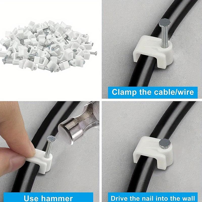 Cable Wire Clips, 100pcs Cable Management Electrical Ethernet Dish TV Speaker Wire Cord Tie Holder, Coaxial Nail Clamps