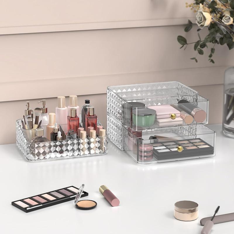 Makeup Organizer, Stackable Cosmetics Organizer and Storage, Cosmetic Display Cases with 2 Drawers and 1 Tray for Makeup Brush, Hair Accessories, Lipstick, Clear