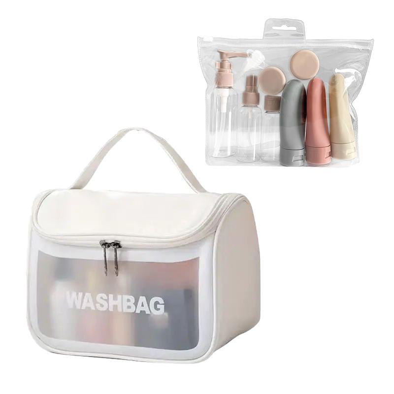 Travel Cosmetic Storage Tools with Bag, 12pcs set Including 8 Empty Bottle & Jars, 3 Dispensing Tools & 1 Storage Bag, Waterproof Makeup Storage Bag and Makeup Organizer Bottles