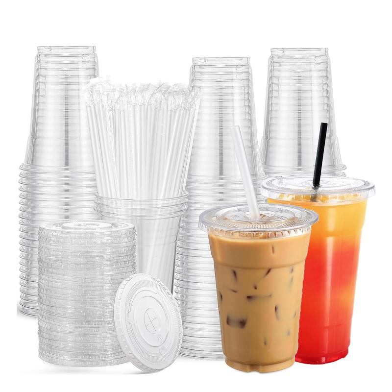 20oz Clear Plastic Cup with Lid & Straw, 50 Sets Disposable Drinking Cup, Disposable Drink Cup for Cold Drink, Ice Coffee, Milkshake & Smoothie