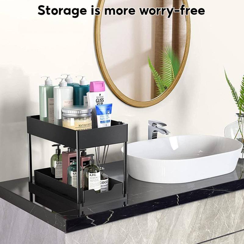 2 PCS Pull-Out Under Sliding Double-Deck Cabinet Organizer, Extractable Under Sink Basket and Storage Rack. Multi-Purpose Under Sink Storage Cabinet with 5 Hooks for Bathroom, Kitchen Essential Racks