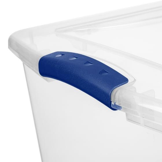 Sterilite 66 Qt. Clear Plastic Latch Box, Blue Latches with Clear Lid Wipes