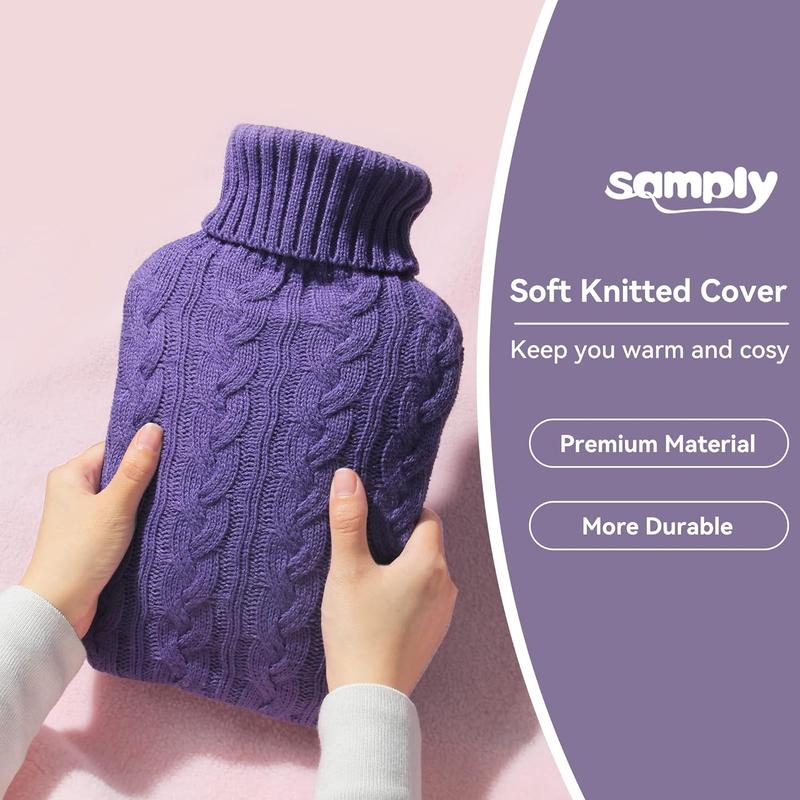 samply Hot Water Bottle with Knitted Cover, 2L Hot Water Bag for Hot and Cold Compress, Hand Feet Warmer, Ideal for Menstrual Cramps, Neck and Shoulder Pain Relief, Purple Cup