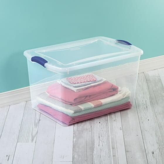 Sterilite 66 Qt. Clear Plastic Latch Box, Blue Latches with Clear Lid Wipes