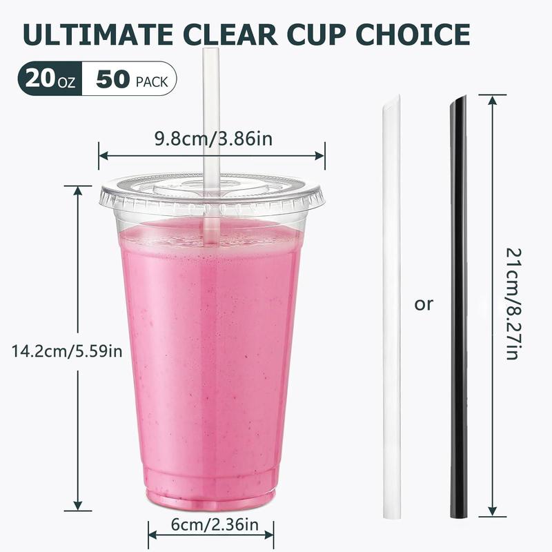 20oz Clear Plastic Cup with Lid & Straw, 50 Sets Disposable Drinking Cup, Disposable Drink Cup for Cold Drink, Ice Coffee, Milkshake & Smoothie